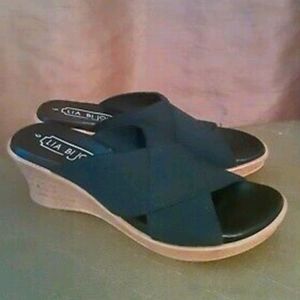 Lisa Bi Jou faux cork criss cross wedge sandals